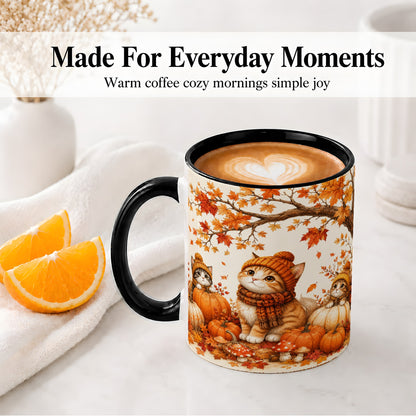 #pl[11oz|Black] Autumn Kittens Accent Mug, Mug with Pumpkins and Mushrooms Art