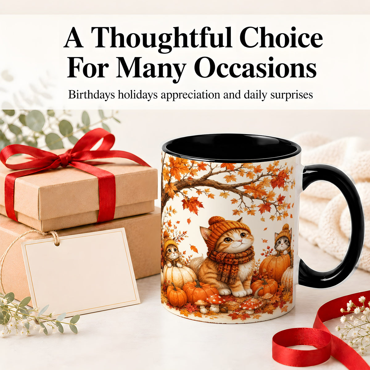 #pl[11oz|Black] Autumn Kittens Accent Mug, Mug with Pumpkins and Mushrooms Art