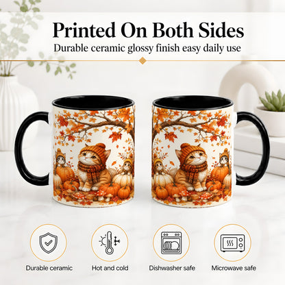 #pl[11oz|Black] Autumn Kittens Accent Mug, Mug with Pumpkins and Mushrooms Art