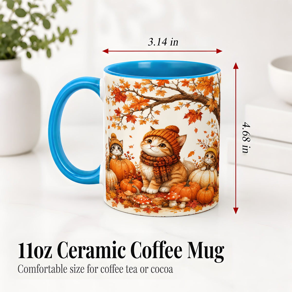 #pl[11oz|Blue] Autumn Kittens Accent Mug, Mug with Pumpkins and Mushrooms Art