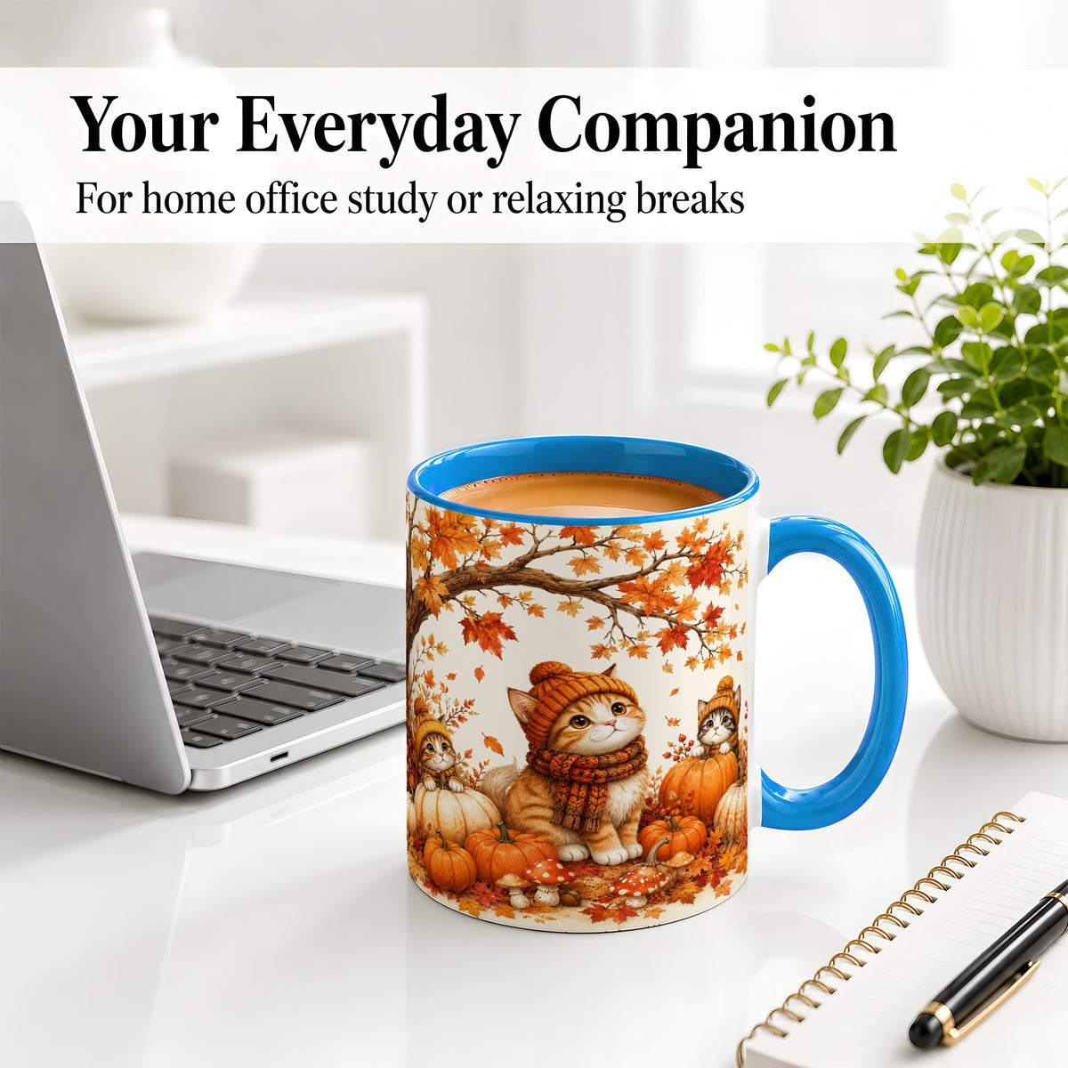 #pl[11oz|Blue] Autumn Kittens Accent Mug, Mug with Pumpkins and Mushrooms Art