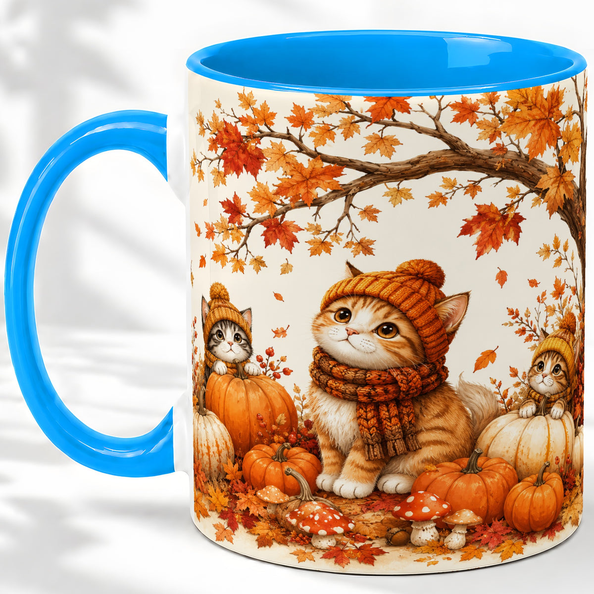 #pl[11oz|Blue] Autumn Kittens Accent Mug, Mug with Pumpkins and Mushrooms Art