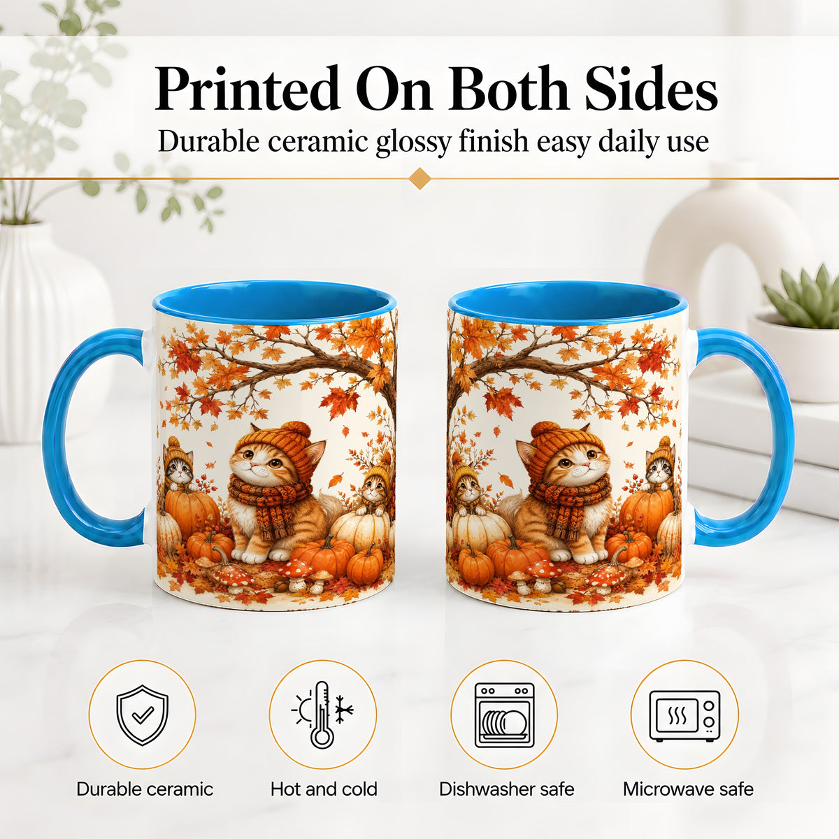 #pl[11oz|Blue] Autumn Kittens Accent Mug, Mug with Pumpkins and Mushrooms Art