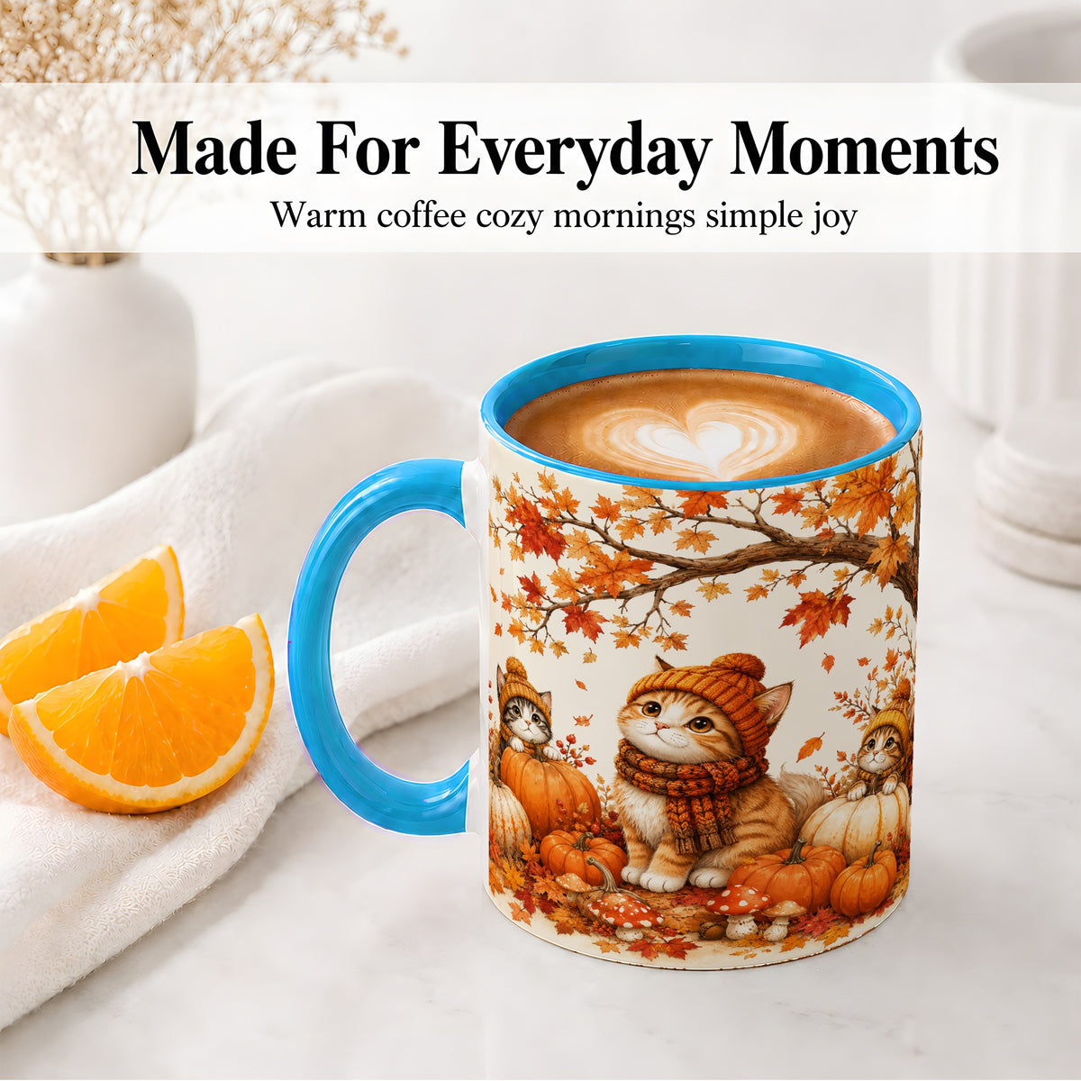 #pl[11oz|Blue] Autumn Kittens Accent Mug, Mug with Pumpkins and Mushrooms Art