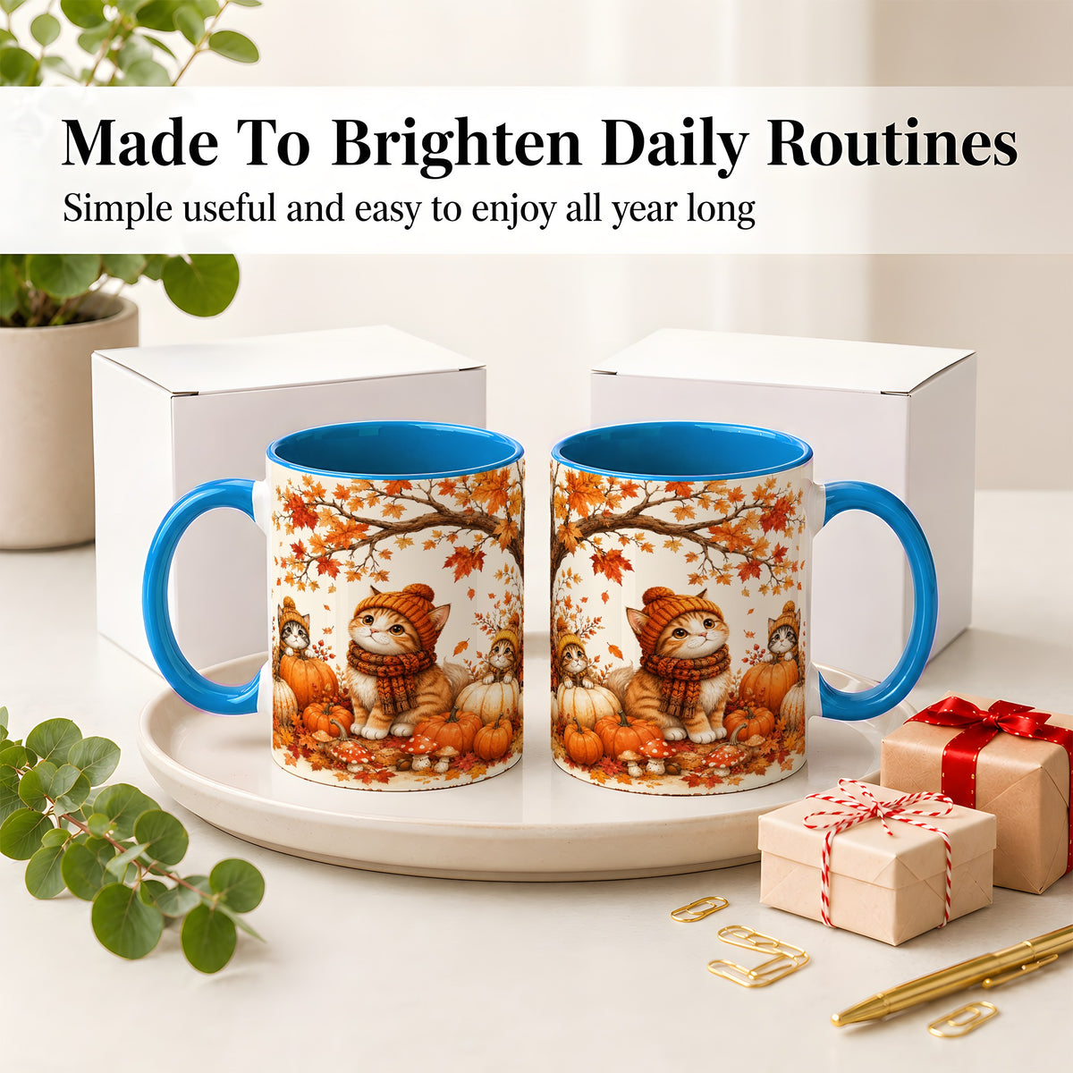 #pl[11oz|Blue] Autumn Kittens Accent Mug, Mug with Pumpkins and Mushrooms Art