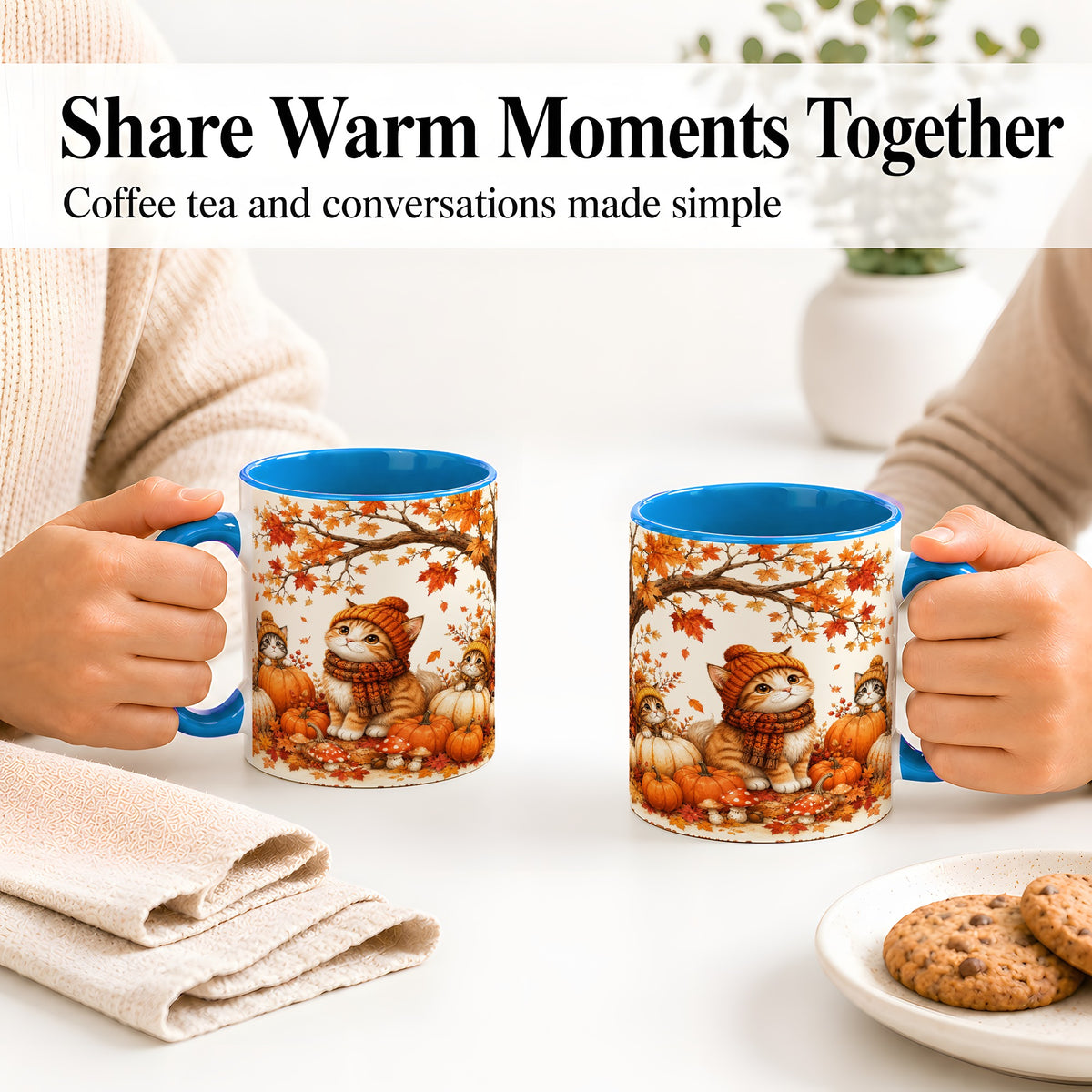 #pl[11oz|Blue] Autumn Kittens Accent Mug, Mug with Pumpkins and Mushrooms Art
