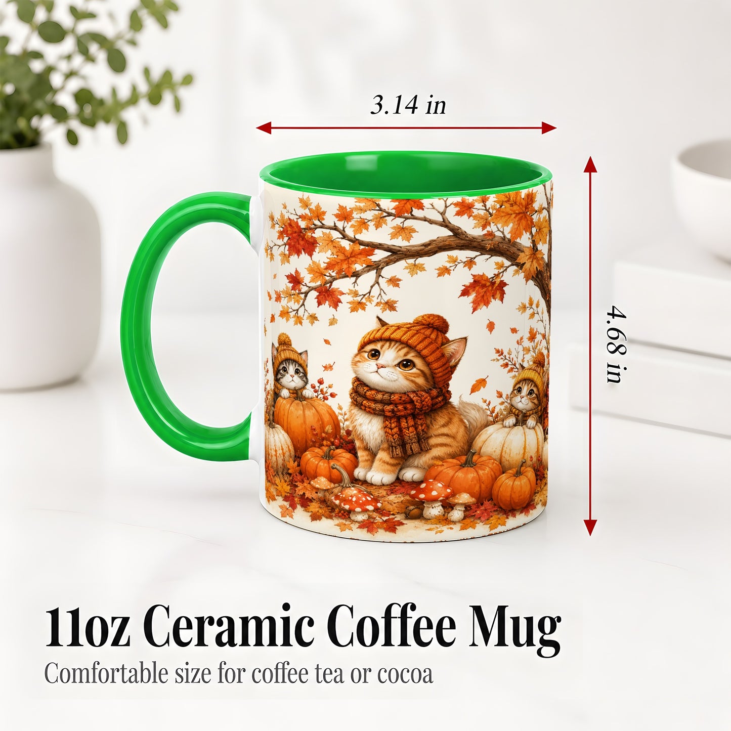 #pl[11oz|Green] Autumn Kittens Accent Mug, Mug with Pumpkins and Mushrooms Art