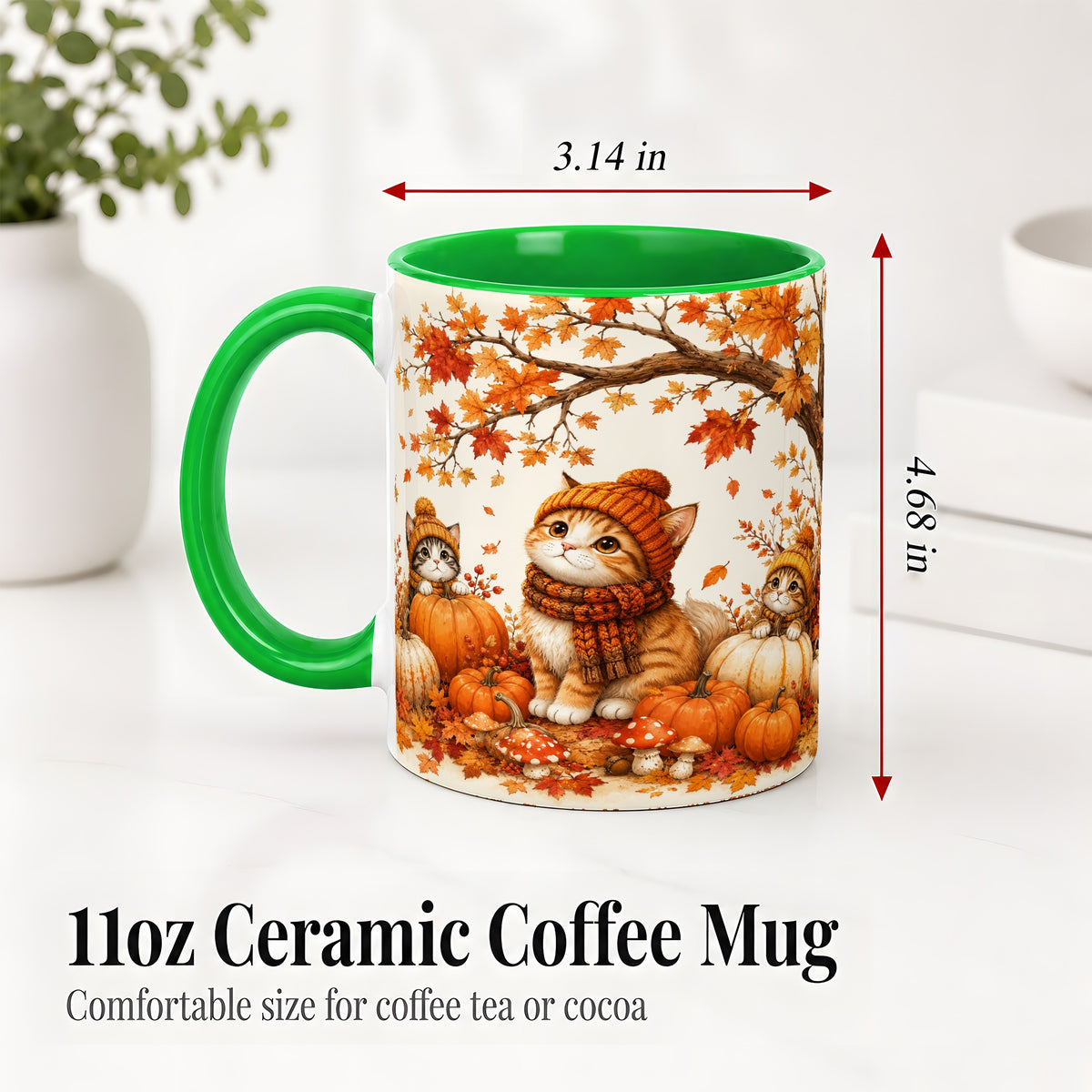 #pl[11oz|Green] Autumn Kittens Accent Mug, Mug with Pumpkins and Mushrooms Art