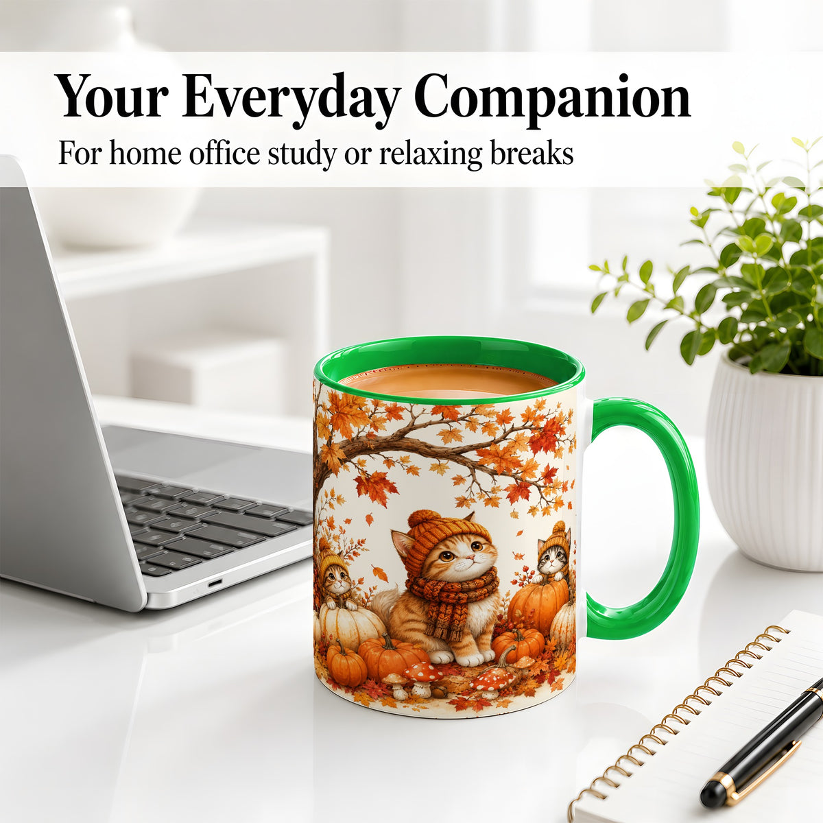 #pl[11oz|Green] Autumn Kittens Accent Mug, Mug with Pumpkins and Mushrooms Art