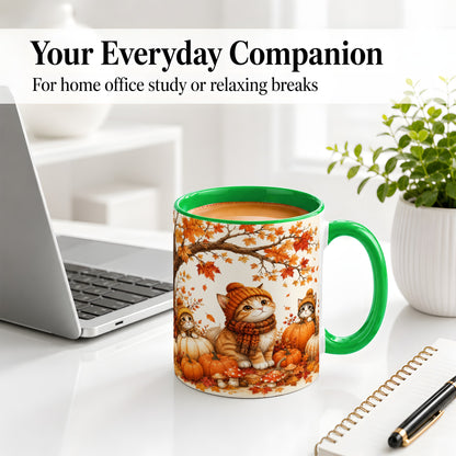 #pl[11oz|Green] Autumn Kittens Accent Mug, Mug with Pumpkins and Mushrooms Art