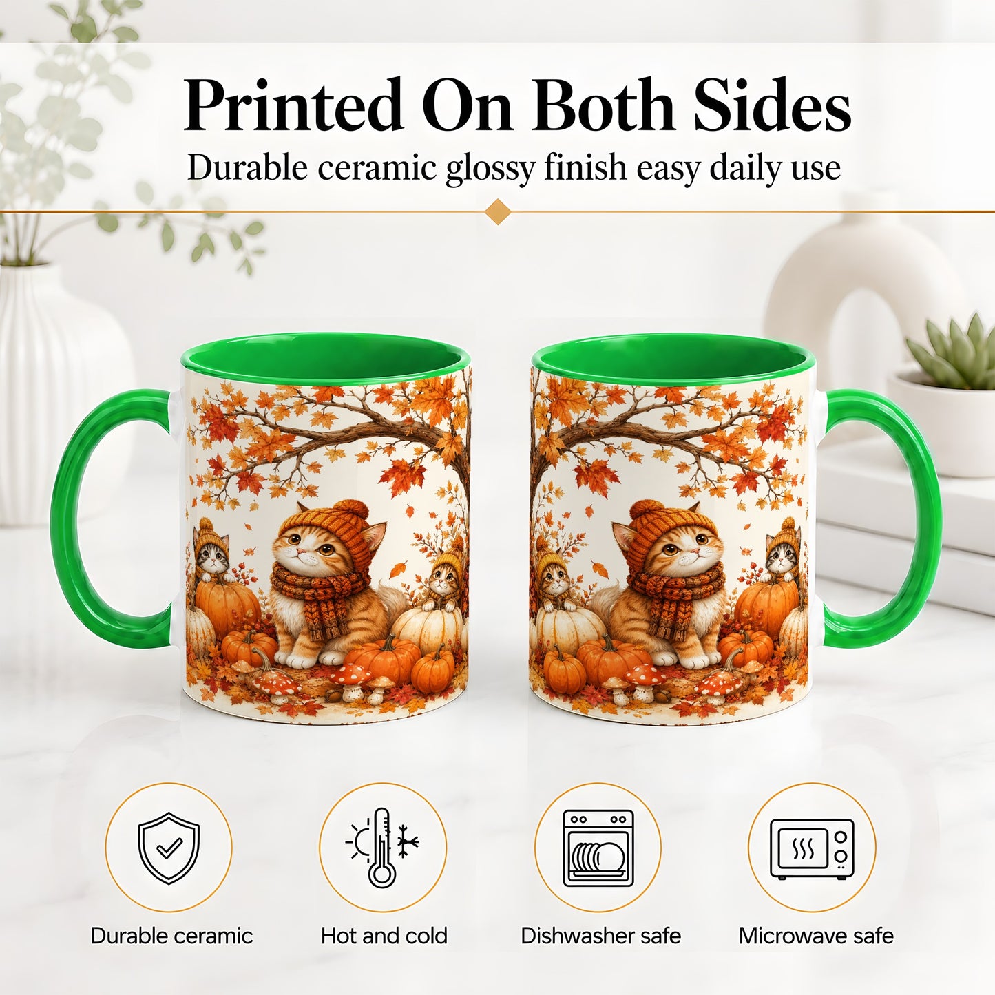 #pl[11oz|Green] Autumn Kittens Accent Mug, Mug with Pumpkins and Mushrooms Art