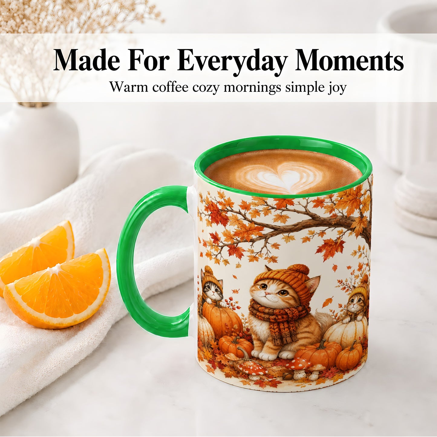 #pl[11oz|Green] Autumn Kittens Accent Mug, Mug with Pumpkins and Mushrooms Art