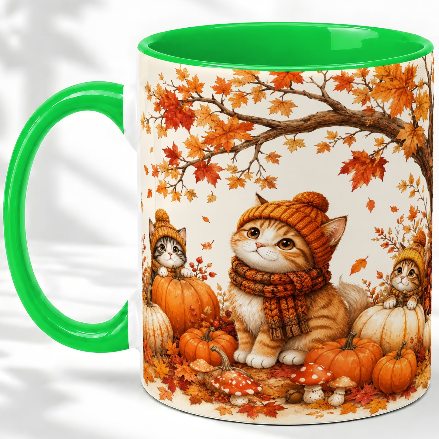 #pl[11oz|Green] Autumn Kittens Accent Mug, Mug with Pumpkins and Mushrooms Art