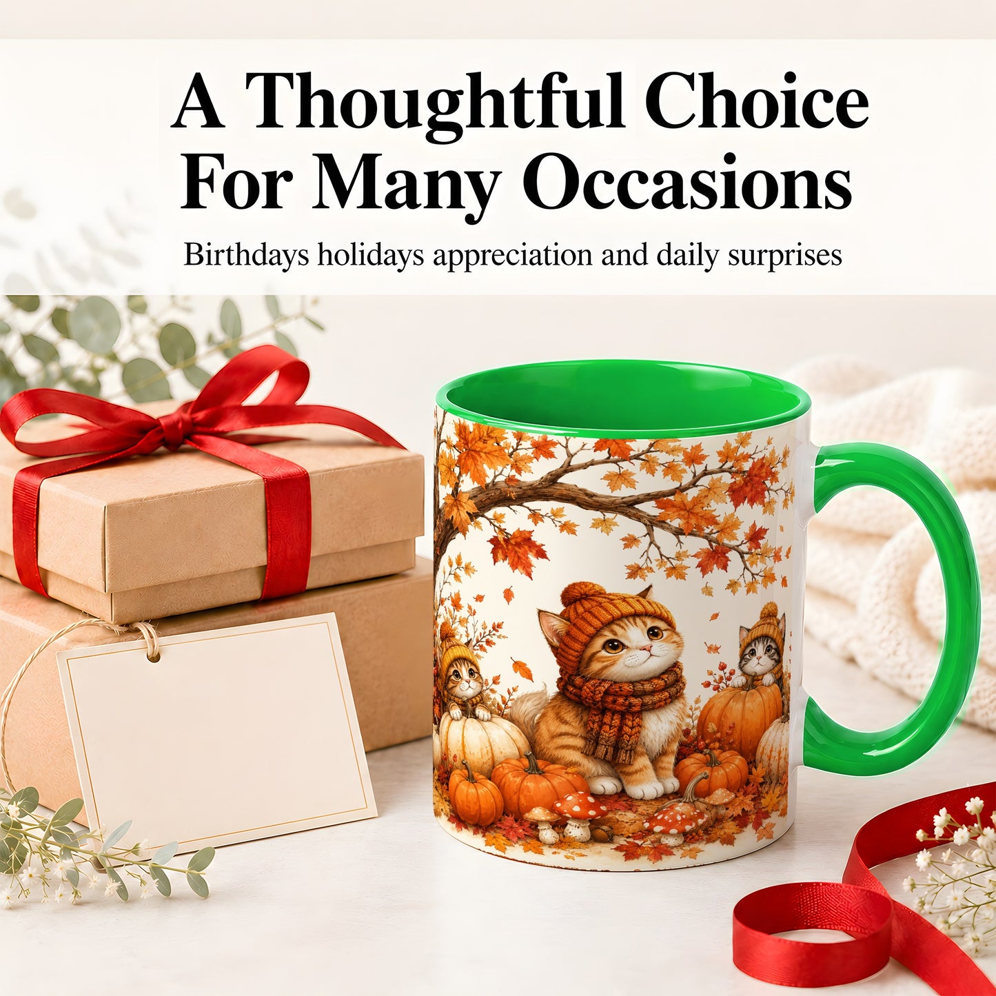 #pl[11oz|Green] Autumn Kittens Accent Mug, Mug with Pumpkins and Mushrooms Art