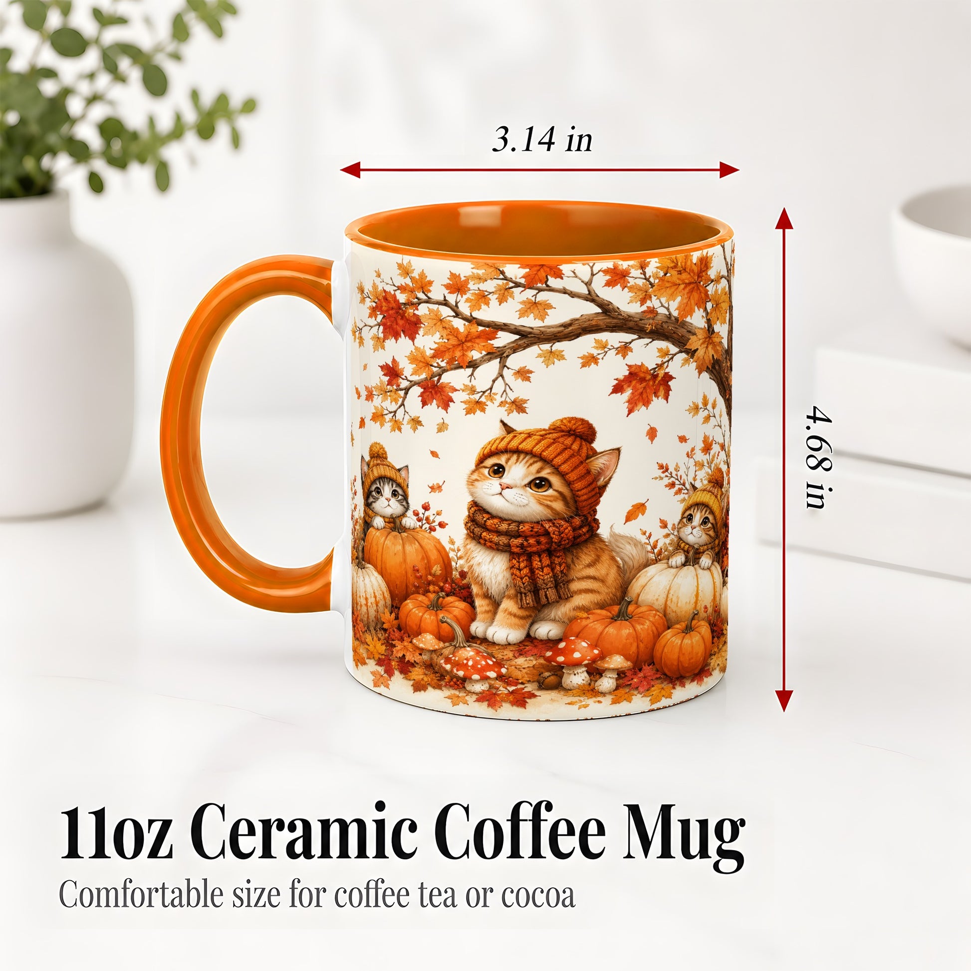 #pl[11oz|Orange] Autumn Kittens Accent Mug, Mug with Pumpkins and Mushrooms Art