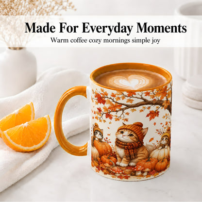 #pl[11oz|Orange] Autumn Kittens Accent Mug, Mug with Pumpkins and Mushrooms Art