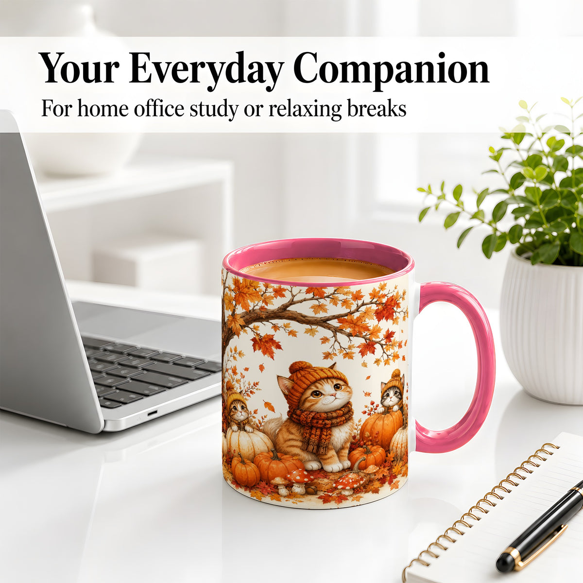 #pl[11oz|Pink] Autumn Kittens Accent Mug, Mug with Pumpkins and Mushrooms Art