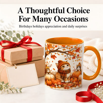#pl[11oz|Orange] Autumn Kittens Accent Mug, Mug with Pumpkins and Mushrooms Art