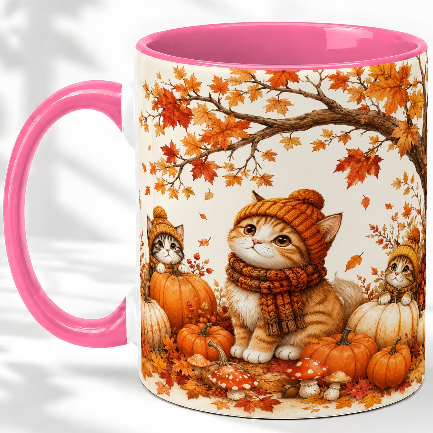 #pl[11oz|Pink] Autumn Kittens Accent Mug, Mug with Pumpkins and Mushrooms Art