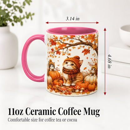 #pl[11oz|Pink] Autumn Kittens Accent Mug, Mug with Pumpkins and Mushrooms Art