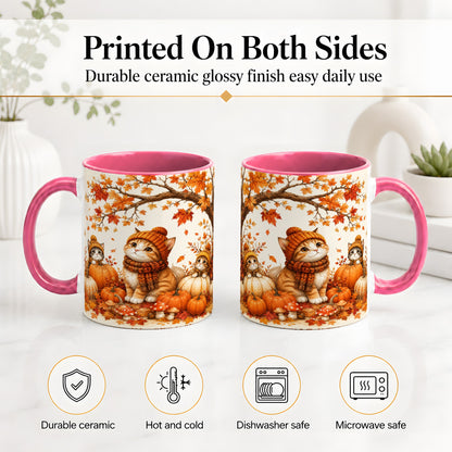 #pl[11oz|Pink] Autumn Kittens Accent Mug, Mug with Pumpkins and Mushrooms Art