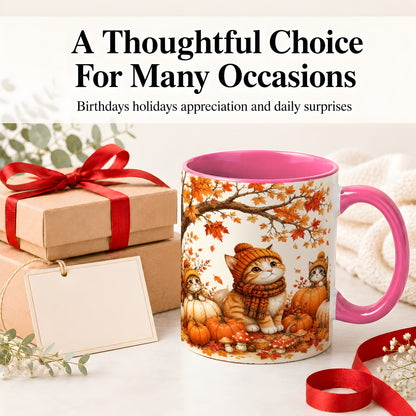 #pl[11oz|Pink] Autumn Kittens Accent Mug, Mug with Pumpkins and Mushrooms Art
