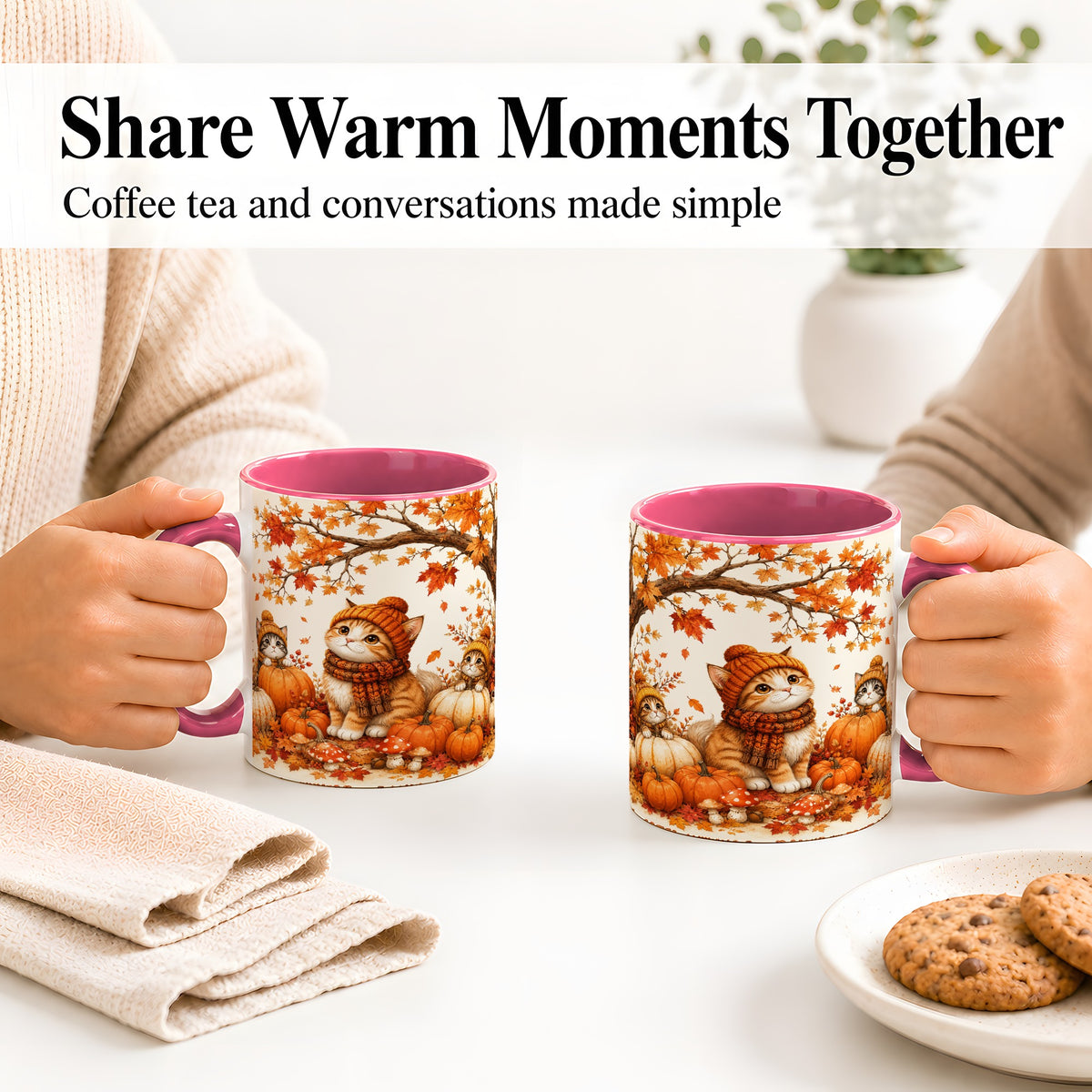 #pl[11oz|Pink] Autumn Kittens Accent Mug, Mug with Pumpkins and Mushrooms Art