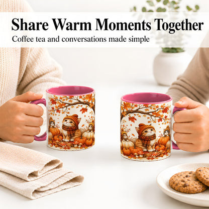 #pl[11oz|Pink] Autumn Kittens Accent Mug, Mug with Pumpkins and Mushrooms Art