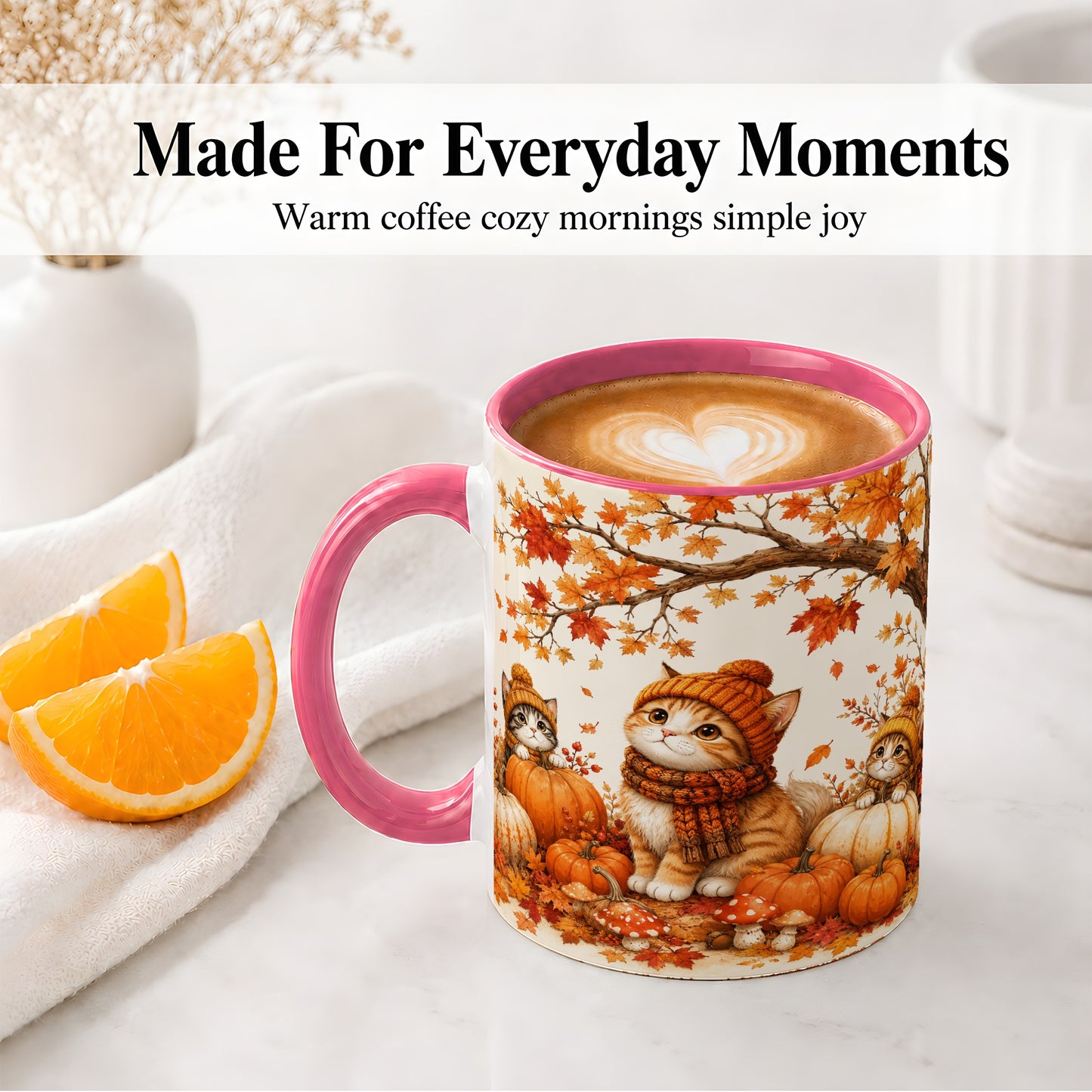 #pl[11oz|Pink] Autumn Kittens Accent Mug, Mug with Pumpkins and Mushrooms Art