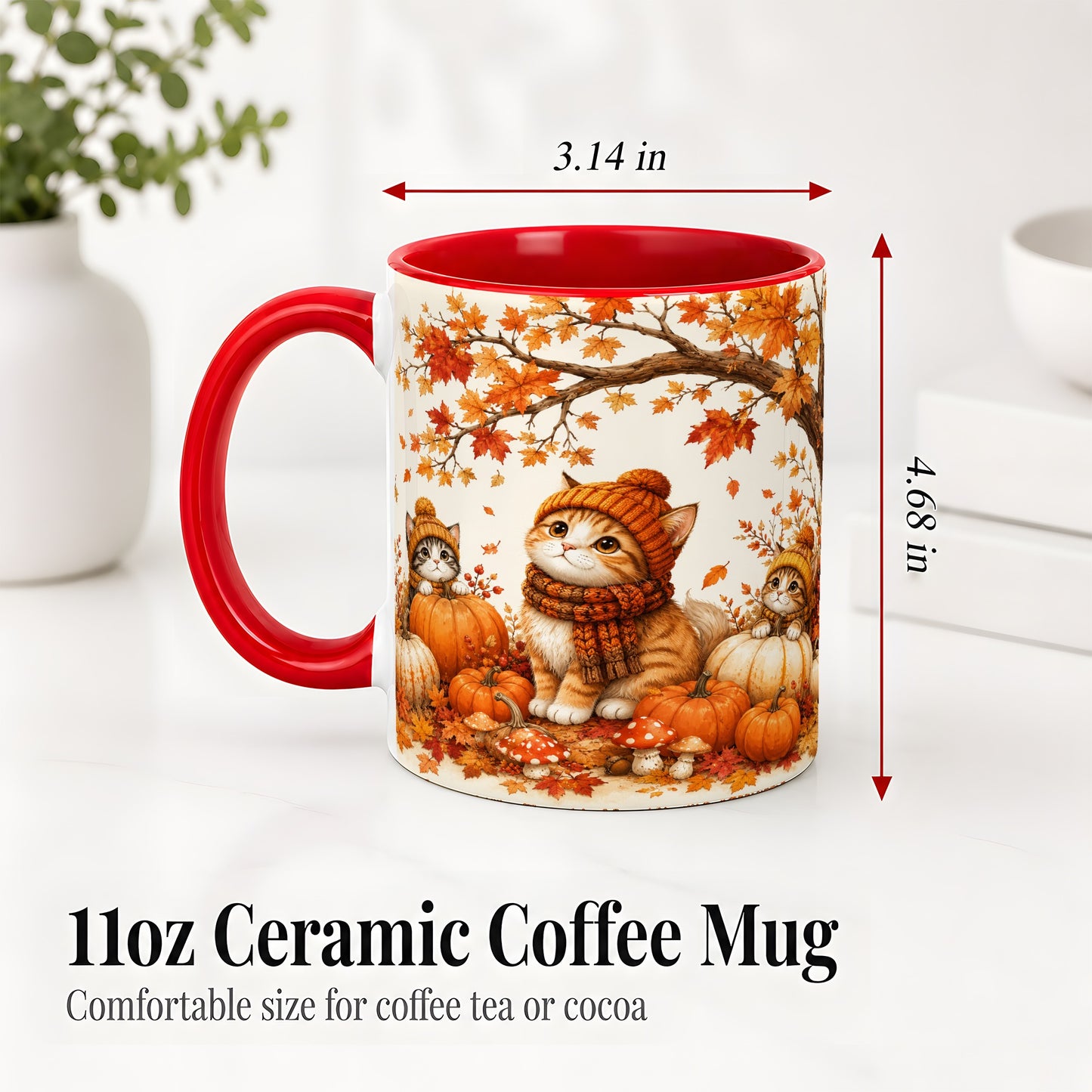 #pl[11oz|Red] Autumn Kittens Accent Mug, Mug with Pumpkins and Mushrooms Art