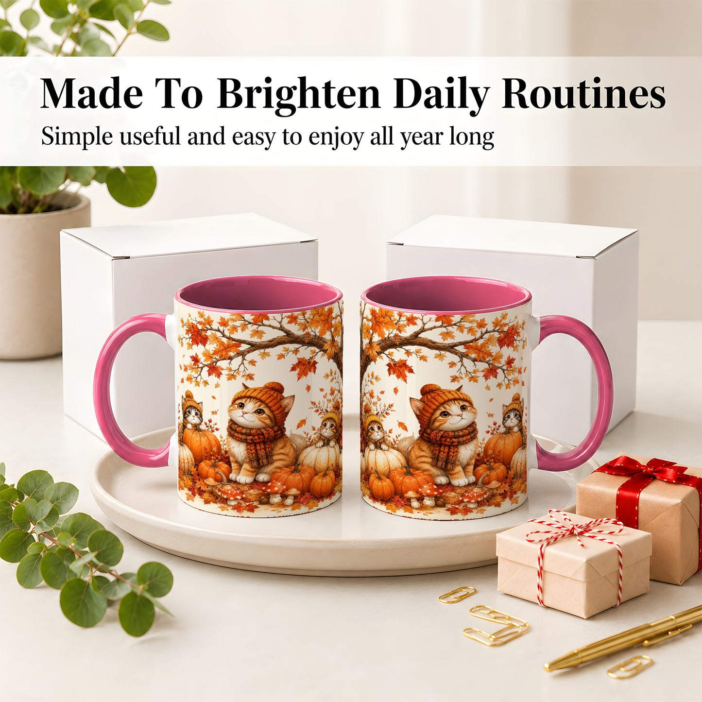 #pl[11oz|Pink] Autumn Kittens Accent Mug, Mug with Pumpkins and Mushrooms Art