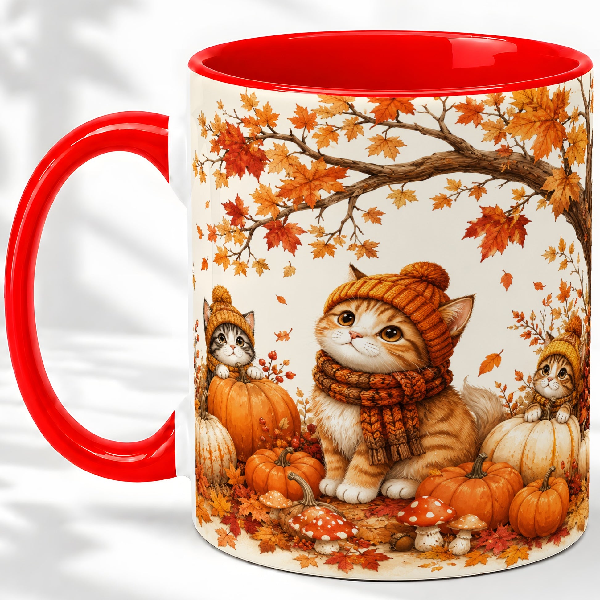 Autumn Kittens Accent Mug, Mug with Pumpkins and Mushrooms Art
