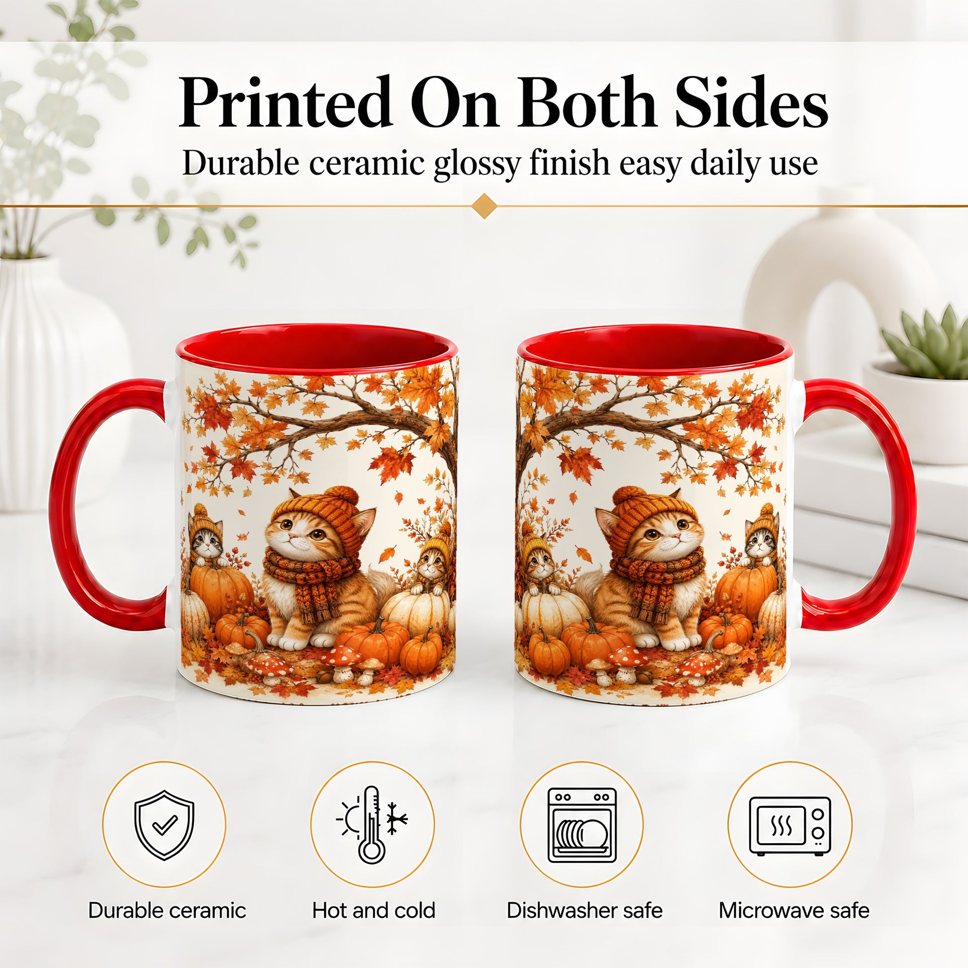 #pl[11oz|Red] Autumn Kittens Accent Mug, Mug with Pumpkins and Mushrooms Art