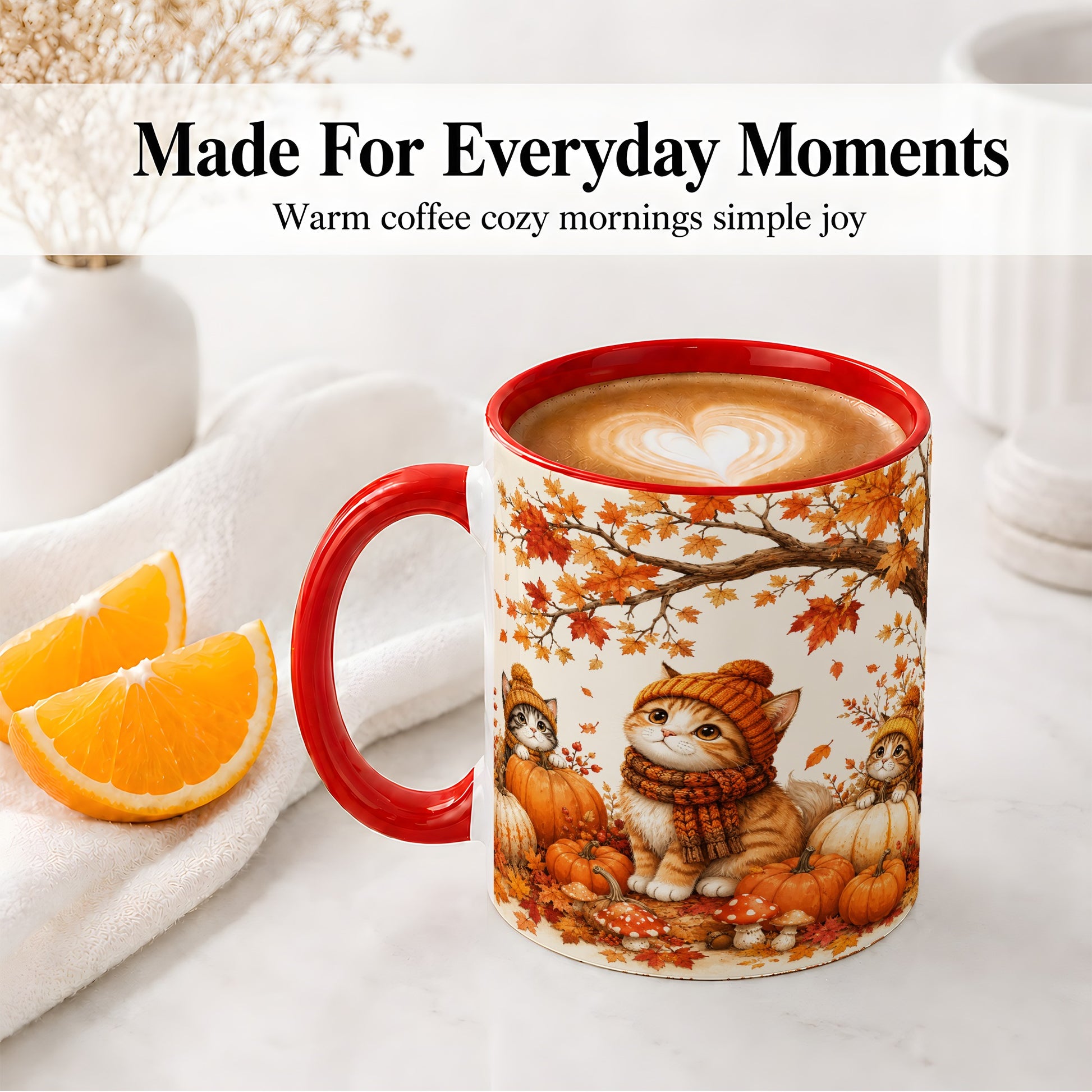 #pl[11oz|Red] Autumn Kittens Accent Mug, Mug with Pumpkins and Mushrooms Art