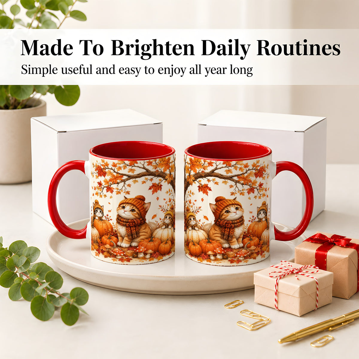 #pl[11oz|Red] Autumn Kittens Accent Mug, Mug with Pumpkins and Mushrooms Art