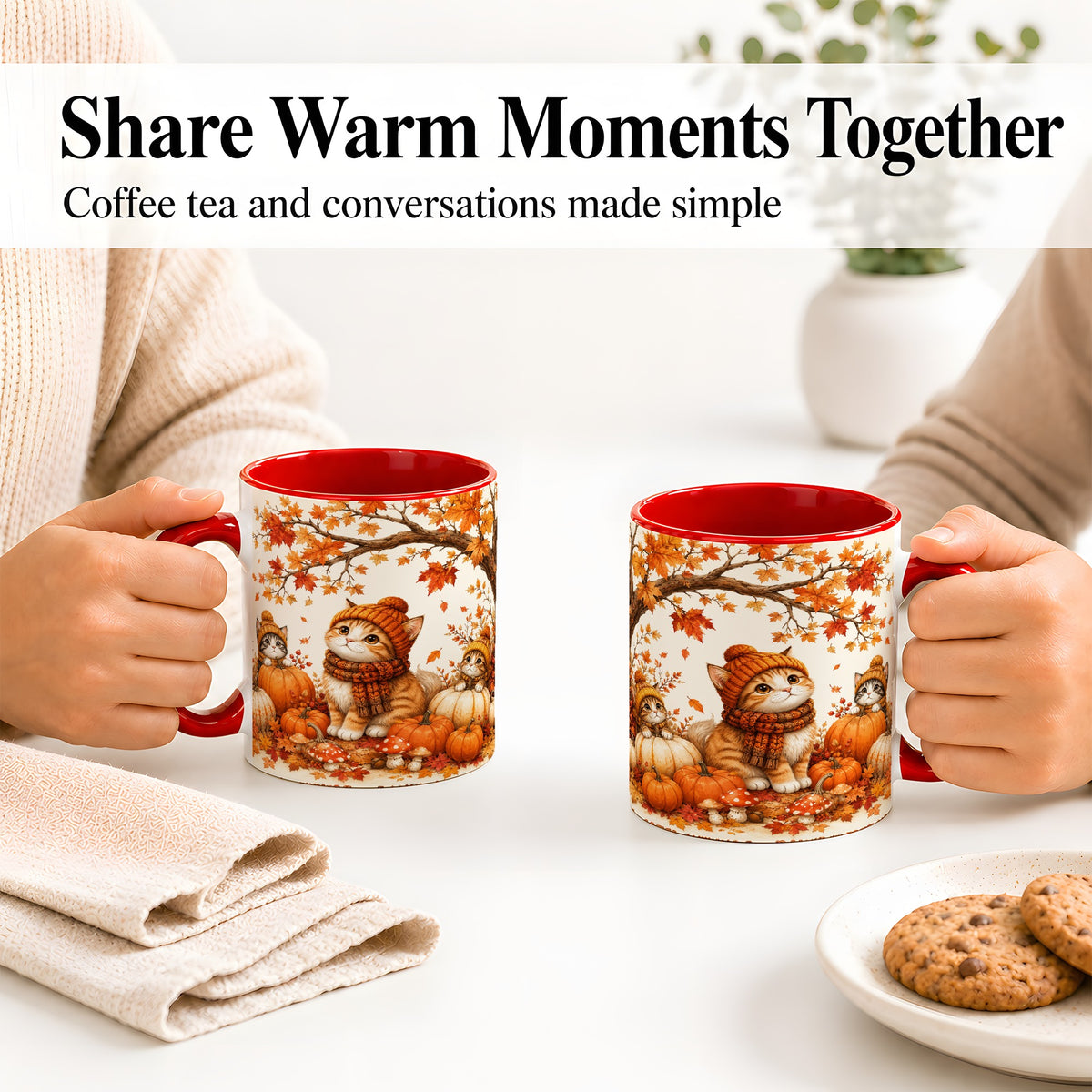 #pl[11oz|Red] Autumn Kittens Accent Mug, Mug with Pumpkins and Mushrooms Art
