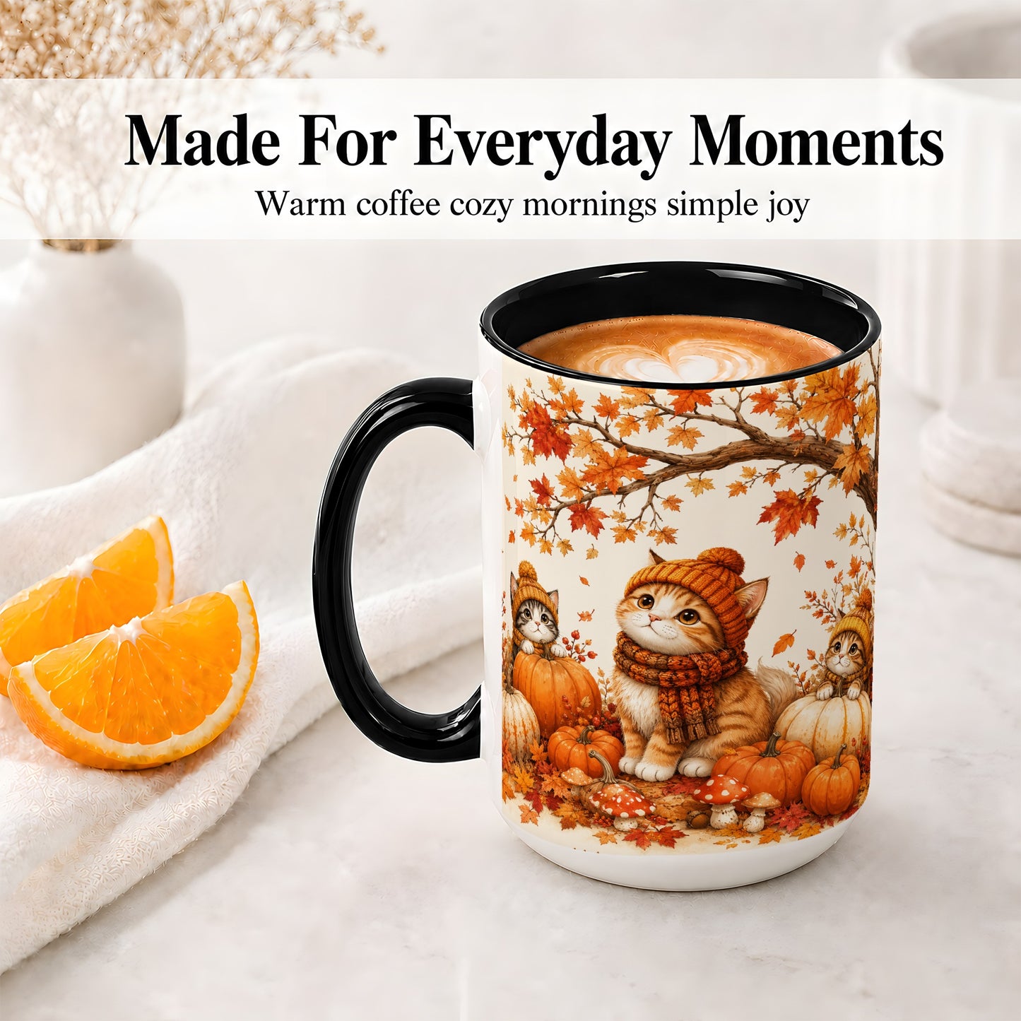 #pl[15oz|Black] Autumn Kittens Accent Mug, Mug with Pumpkins and Mushrooms Art