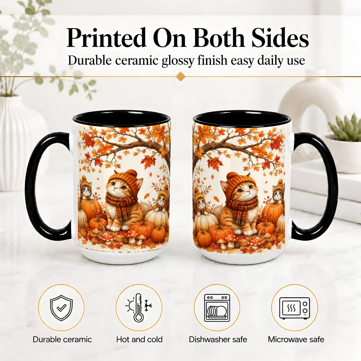 #pl[15oz|Black] Autumn Kittens Accent Mug, Mug with Pumpkins and Mushrooms Art
