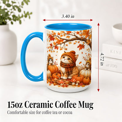 #pl[15oz|Blue] Autumn Kittens Accent Mug, Mug with Pumpkins and Mushrooms Art