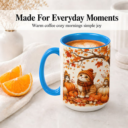 #pl[15oz|Blue] Autumn Kittens Accent Mug, Mug with Pumpkins and Mushrooms Art