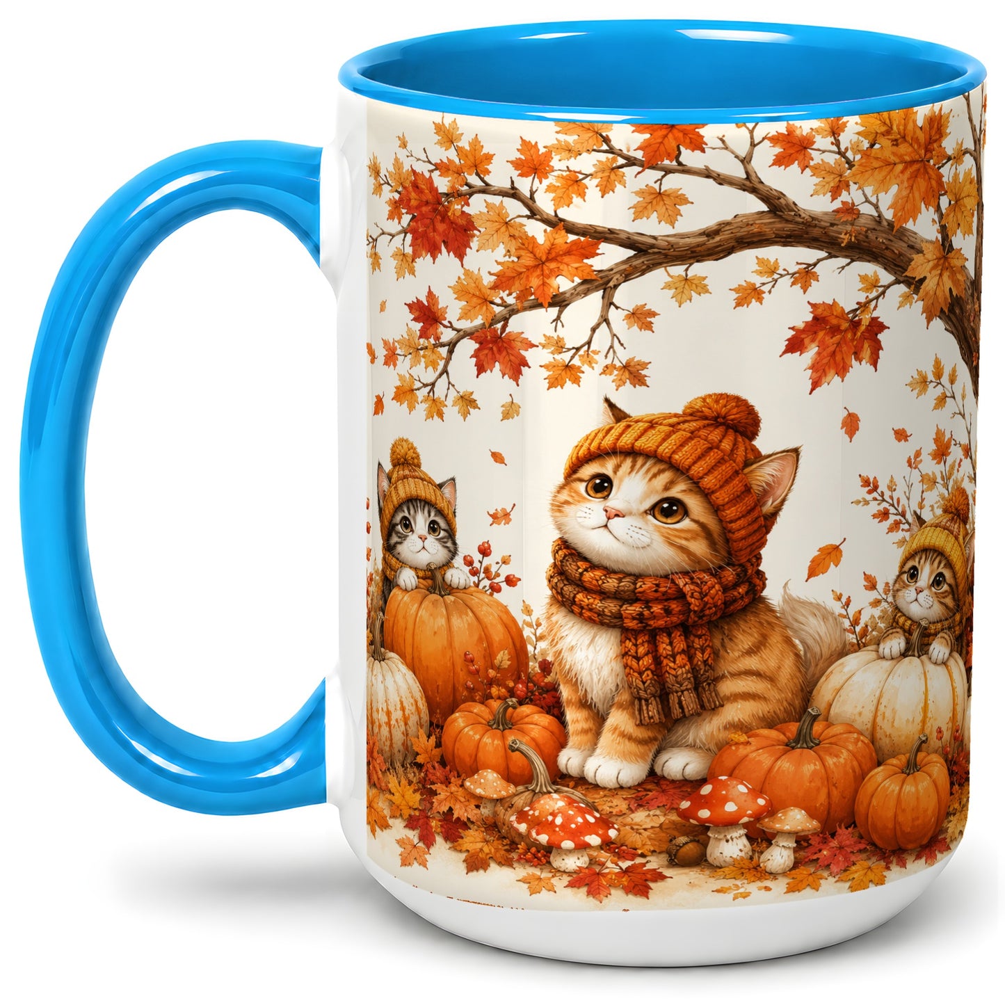 #pl[15oz|Blue] Autumn Kittens Accent Mug, Mug with Pumpkins and Mushrooms Art