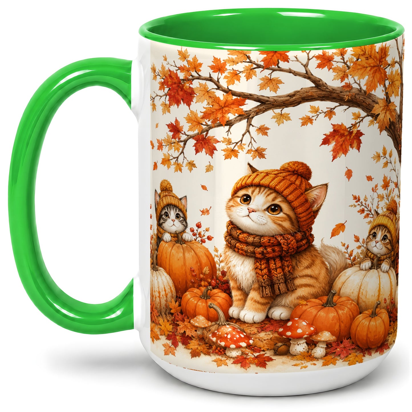 #pl[15oz|Green] Autumn Kittens Accent Mug, Mug with Pumpkins and Mushrooms Art