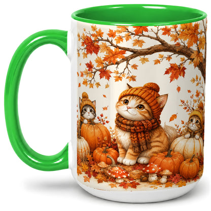 #pl[15oz|Green] Autumn Kittens Accent Mug, Mug with Pumpkins and Mushrooms Art