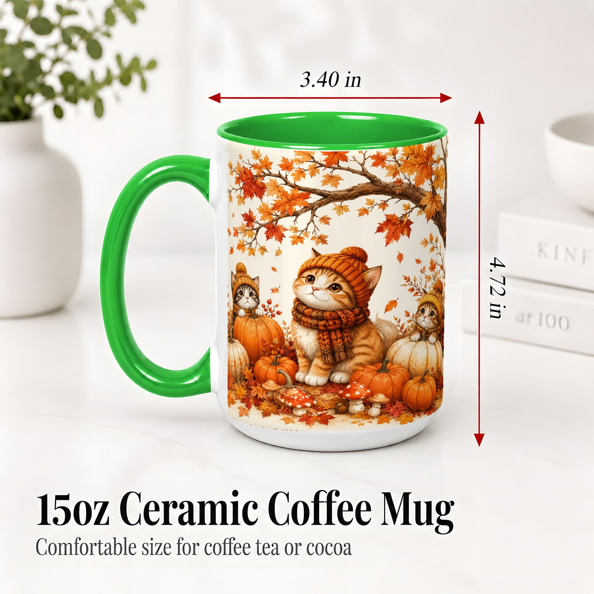#pl[15oz|Green] Autumn Kittens Accent Mug, Mug with Pumpkins and Mushrooms Art