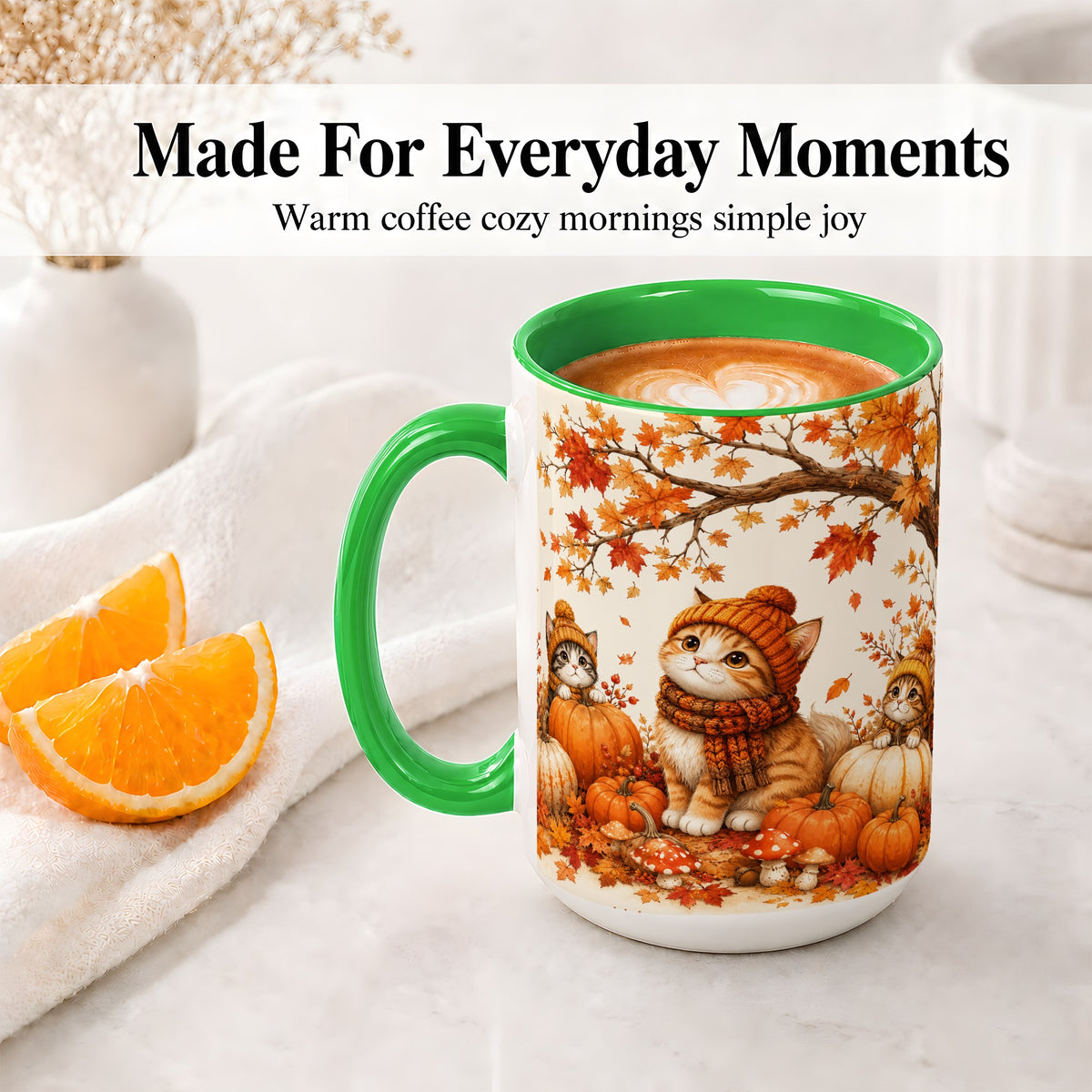 #pl[15oz|Green] Autumn Kittens Accent Mug, Mug with Pumpkins and Mushrooms Art