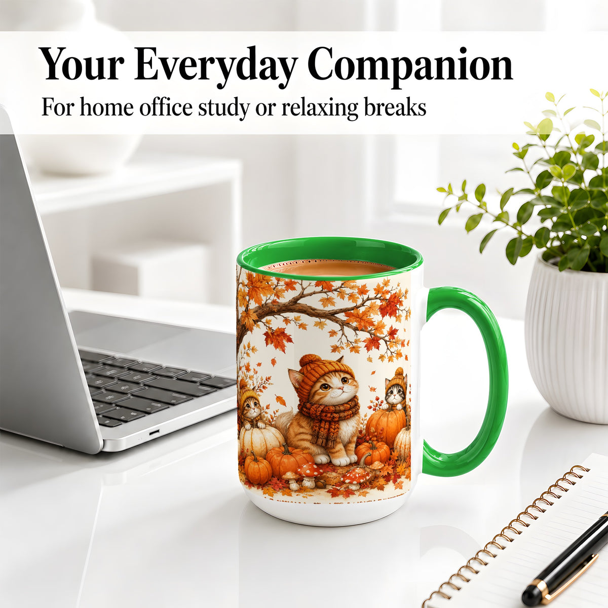 #pl[15oz|Green] Autumn Kittens Accent Mug, Mug with Pumpkins and Mushrooms Art