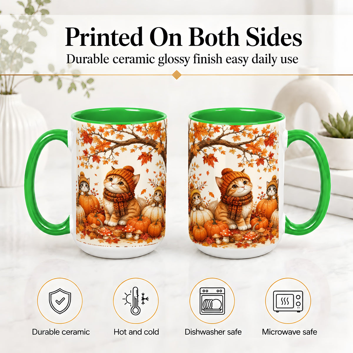#pl[15oz|Green] Autumn Kittens Accent Mug, Mug with Pumpkins and Mushrooms Art