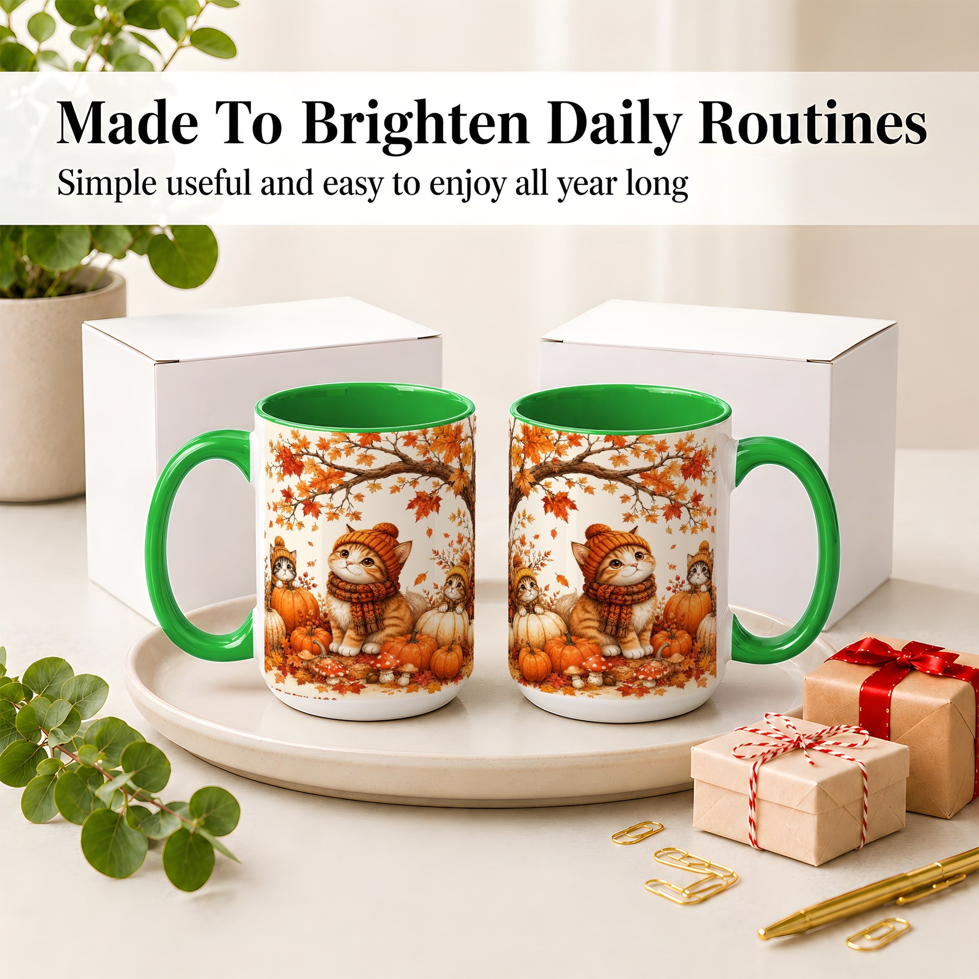 #pl[15oz|Green] Autumn Kittens Accent Mug, Mug with Pumpkins and Mushrooms Art