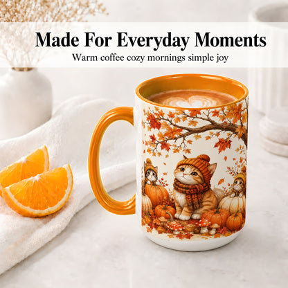 #pl[15oz|Orange] Autumn Kittens Accent Mug, Mug with Pumpkins and Mushrooms Art