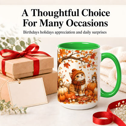 #pl[15oz|Green] Autumn Kittens Accent Mug, Mug with Pumpkins and Mushrooms Art